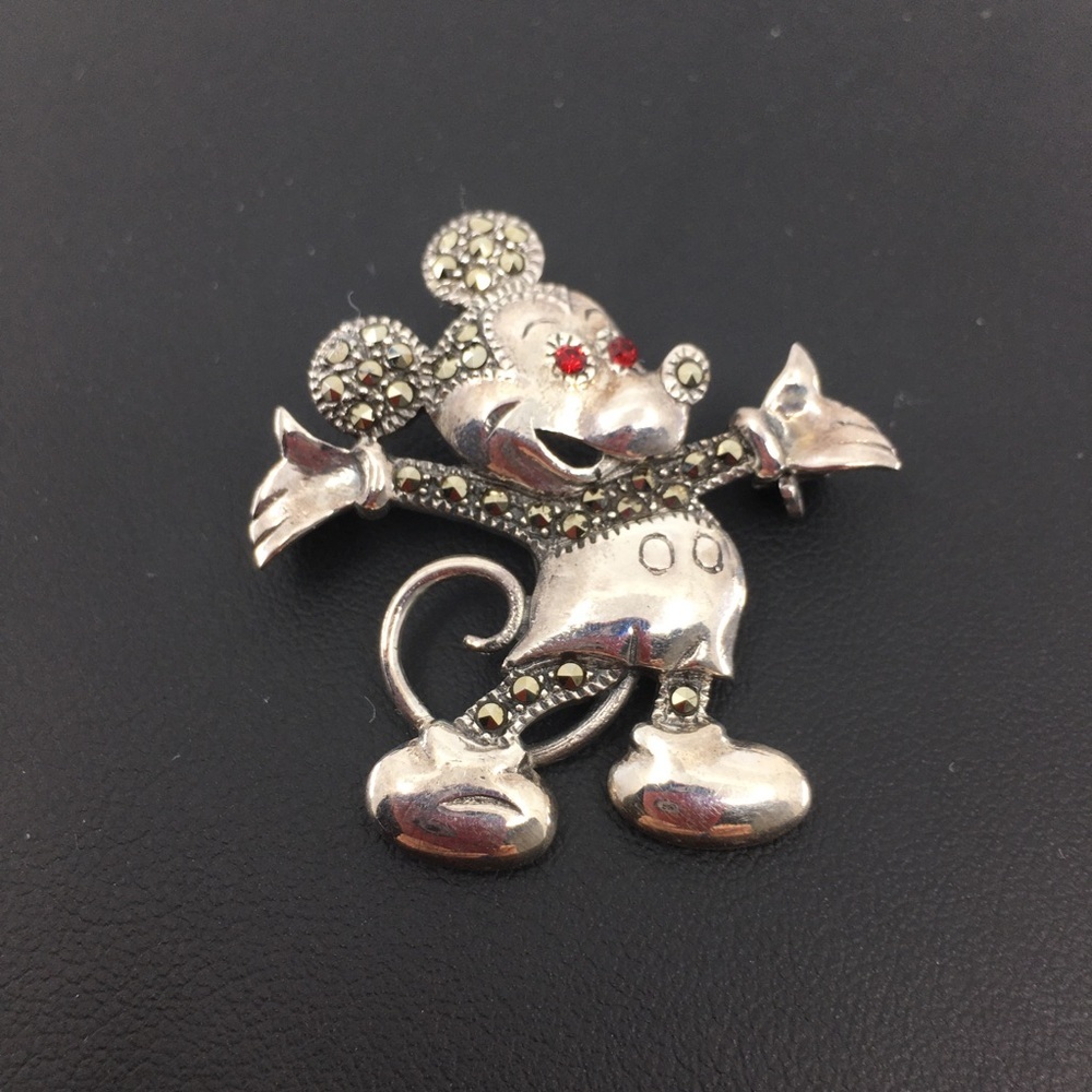 Vintage Disney Mickey Mouse Sterling Silver Marcasite and Ruby Pendant Brooch